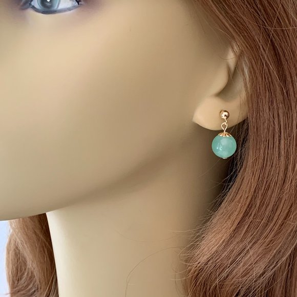 Green Jade Drop Earrings on 14k Gold Filled Posts for Women - Picture 3 of 5